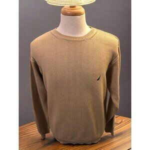 Nautica mens solid tan long sleeve pullover embroidered cotton sweater Medium